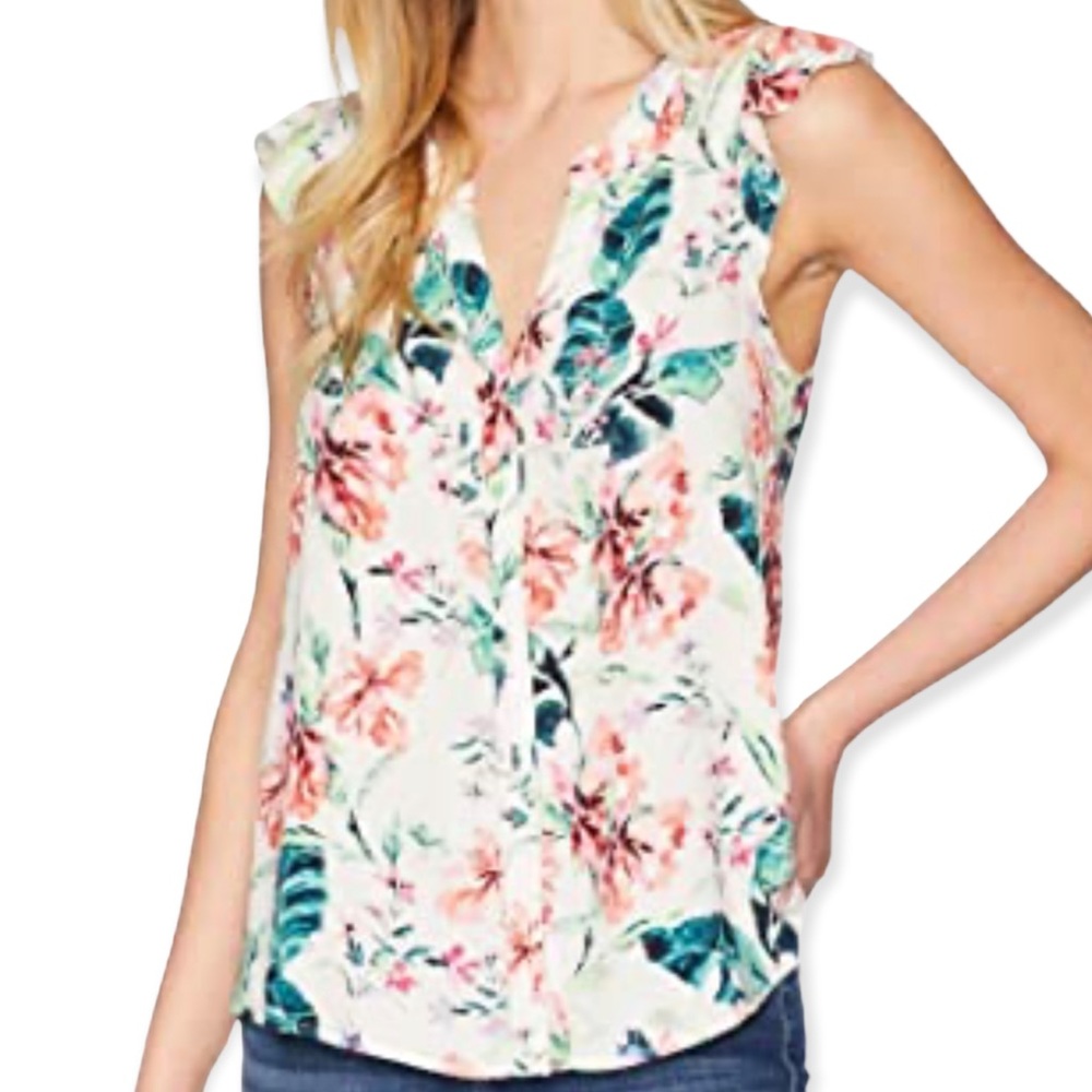 Sanctuary "Evereve" Ruffle Craft Shell in "InParadise" Sleeveless Print